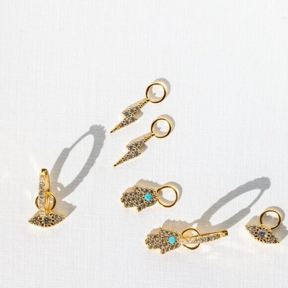 YOU PICK!  Gold Pave Huggies + you pick charm Bolt, Hamsa Hand or Evil Eye - Picture 11 of 14